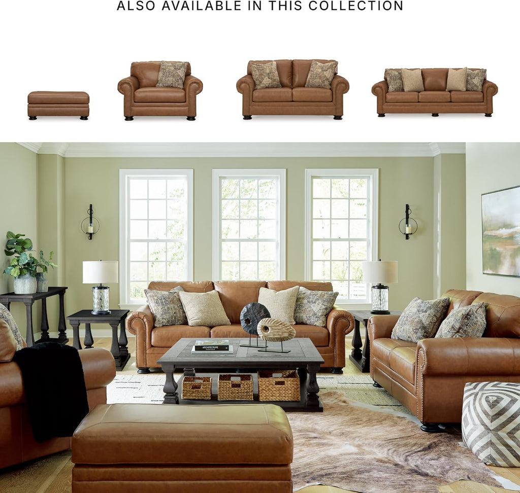 Signature Design by Ashley Carianna Rectangular Leather Ottoman, Caramel | No assembly required, Top-grain leather cushion, Faux leather sides, 19-in seat height