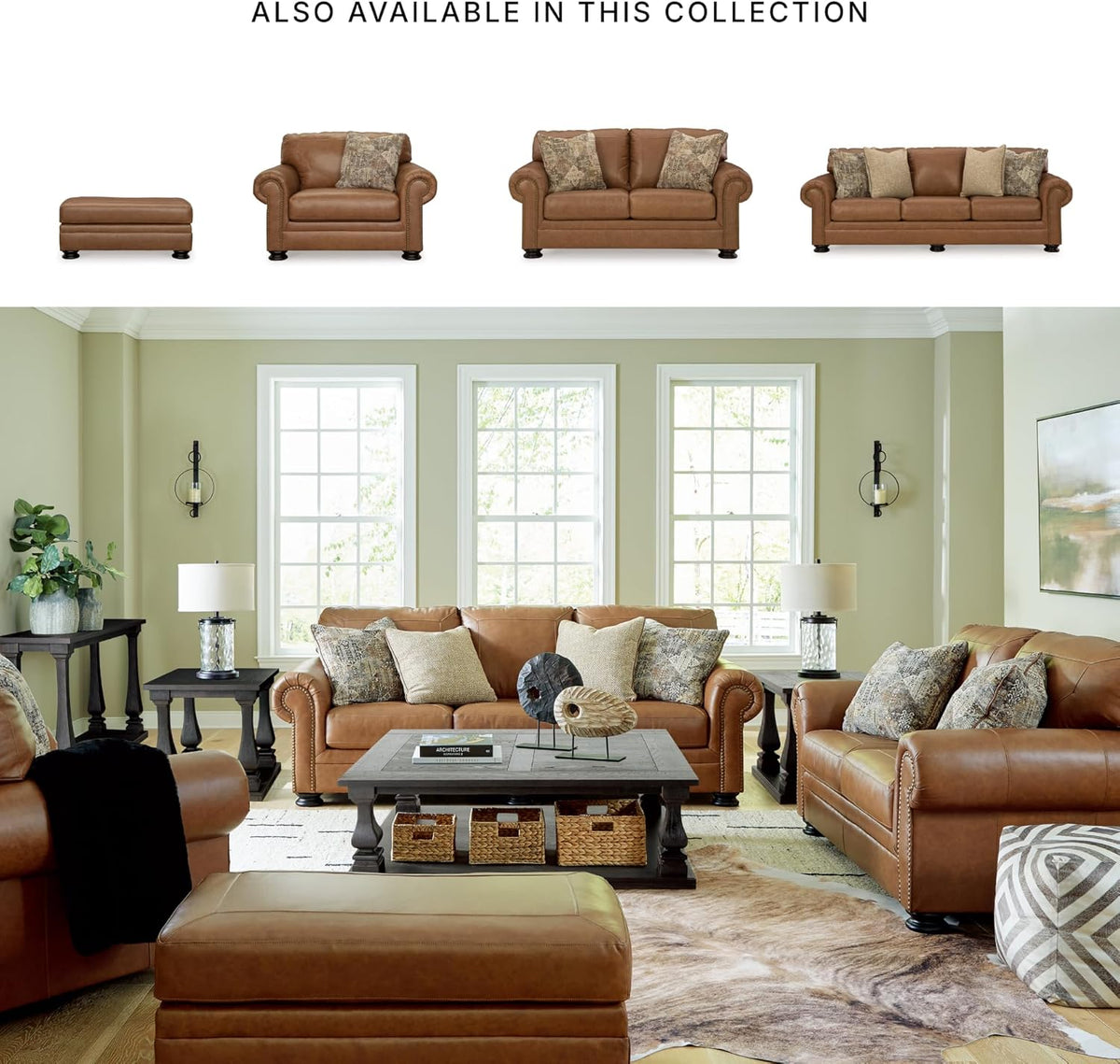 Signature Design by Ashley Carianna Rectangular Leather Ottoman, Caramel | No assembly required, Top-grain leather cushion, Faux leather sides, 19-in seat height