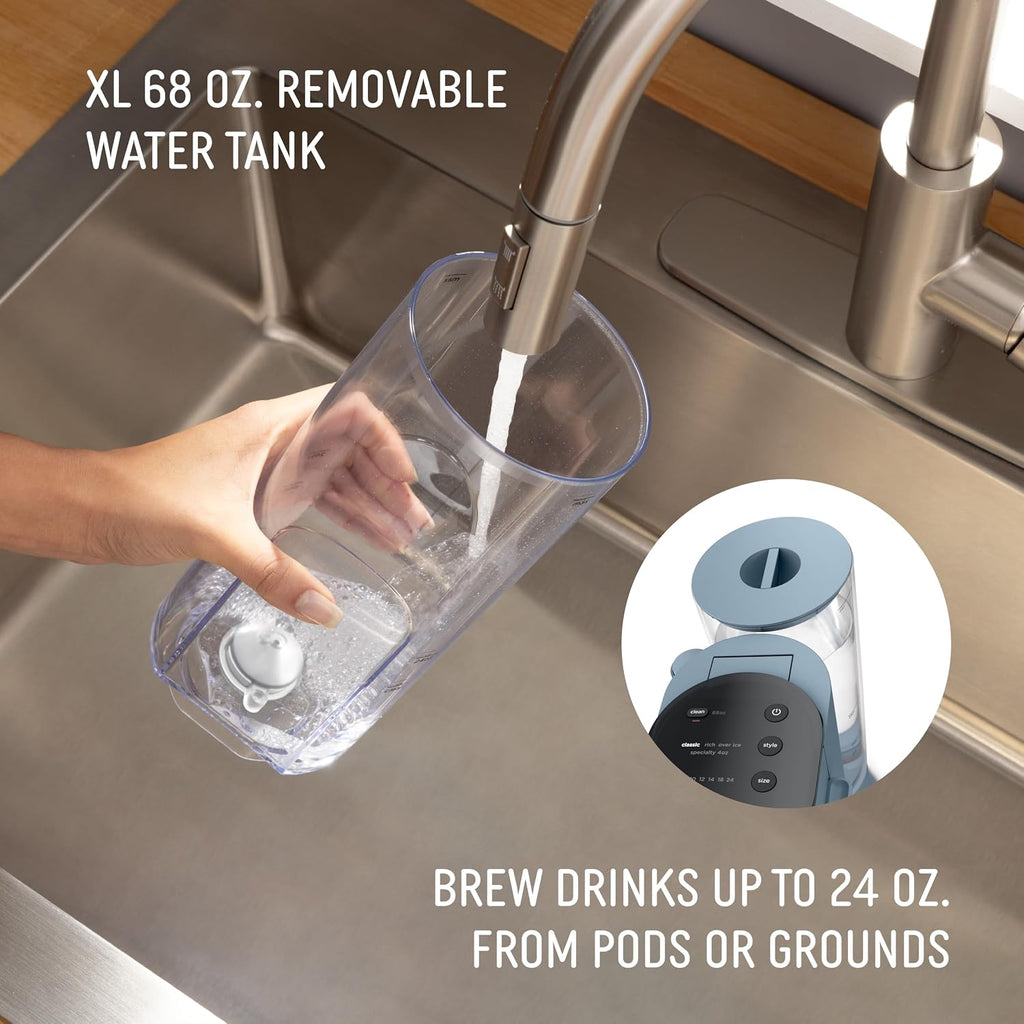 Ninja Pod & Grounds XL Coffee Maker, K-Cup Compatible, Denim Blue, PB055ABL | Brews Grounds, Compact Design, Built-In Milk Frother, 68-oz. Reservoir, 6oz. Cup-24oz. Mug Sizes