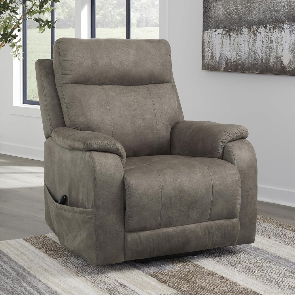 Signature Design by Ashley Dual Motor Power Lift Recliner, Heat & Massage | Fossil suede faux leather, Lift chairs recliners for elderly, Independent back and footrest, Crestmeade Series