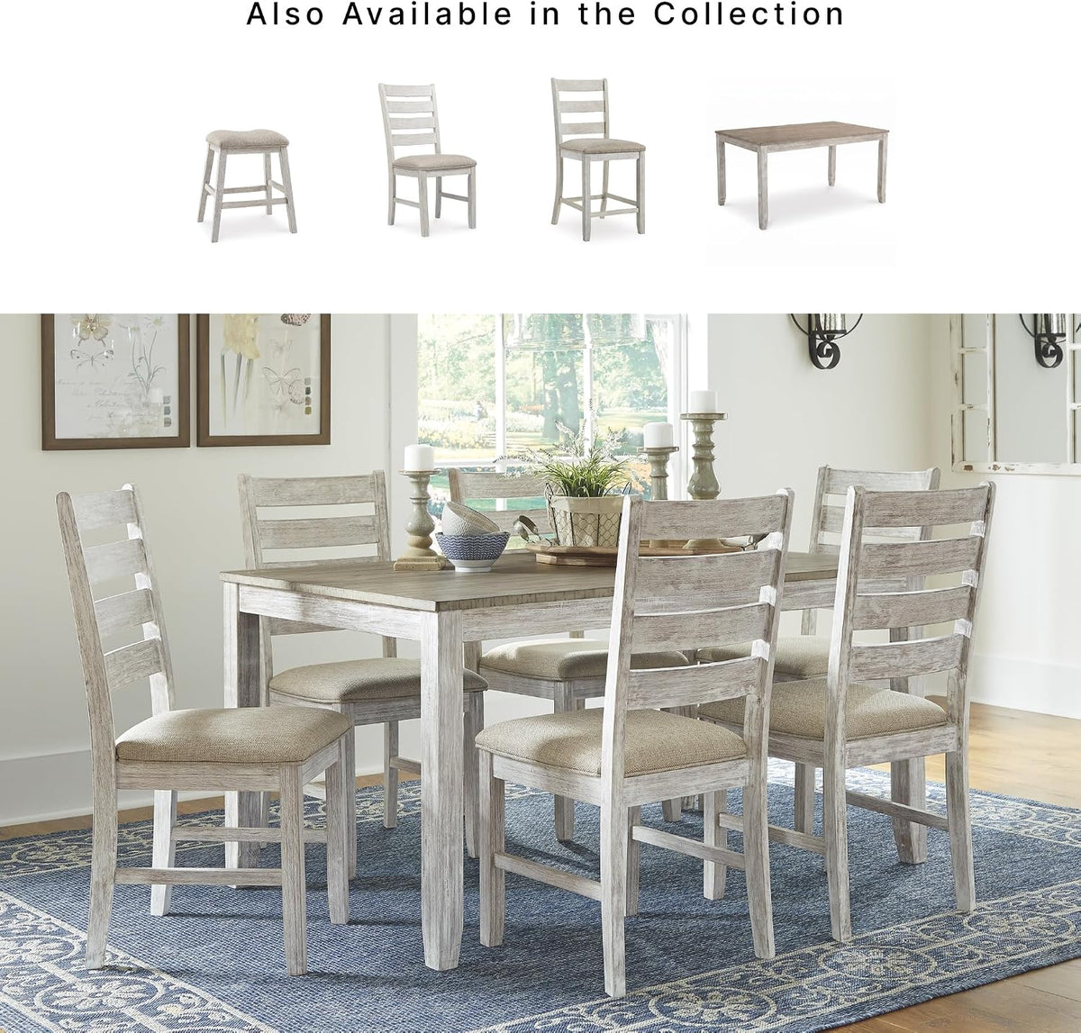 Signature Design by Ashley Skempton 3-Piece Counter Height Dining Table Set | Two-tone acacia wood set, 3 built-in open shelves, 2 upholstered saddle stools, Space-saving tuck-away design, Dining room