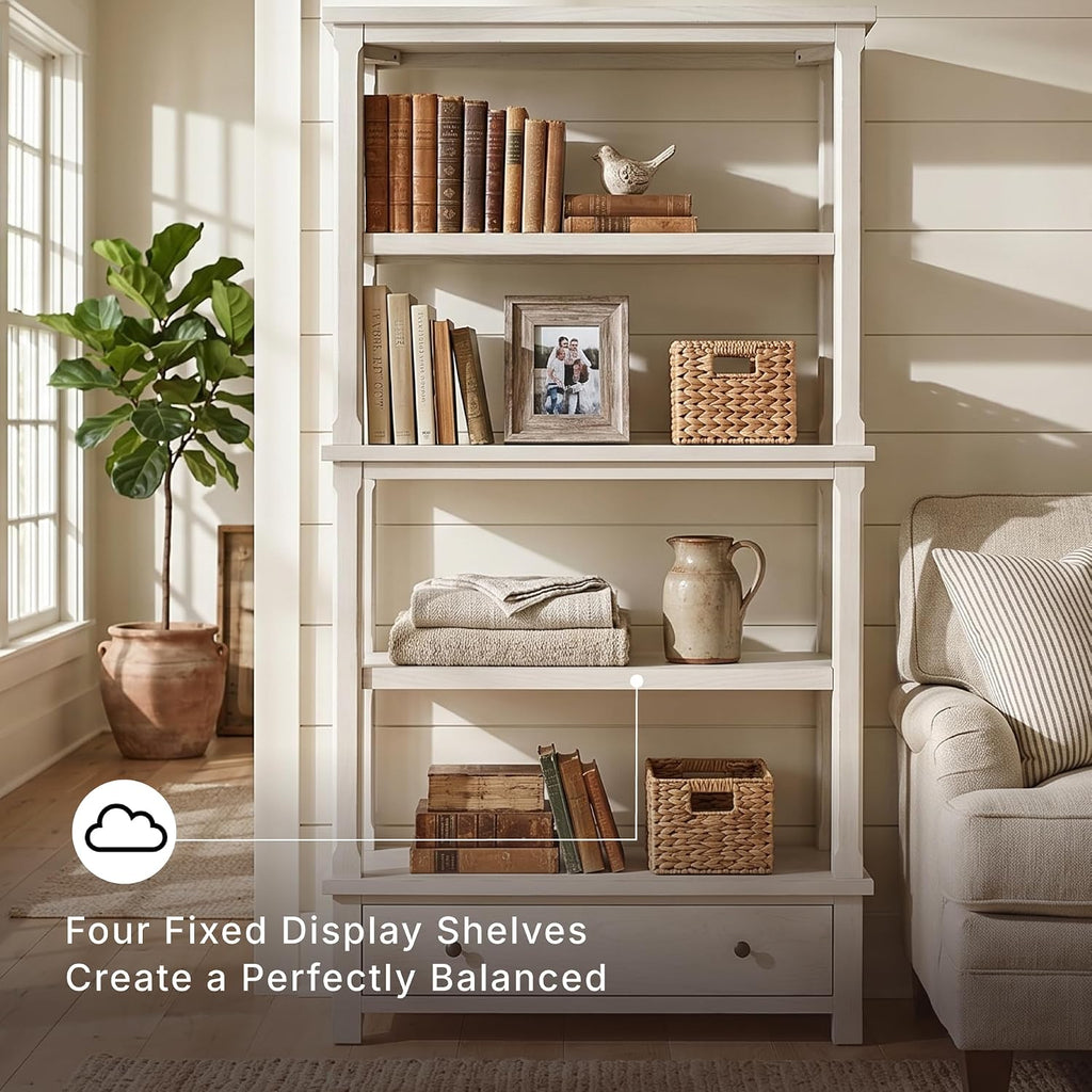 Signature Design by Ashley Robbinsdale 75" Farmhouse Bookcase with Drawer | Hardwood solids and oak veneer, 75 inch tall bookshelf with drawer, Antique white finish, 14 to 17 inch deep fixed shelves