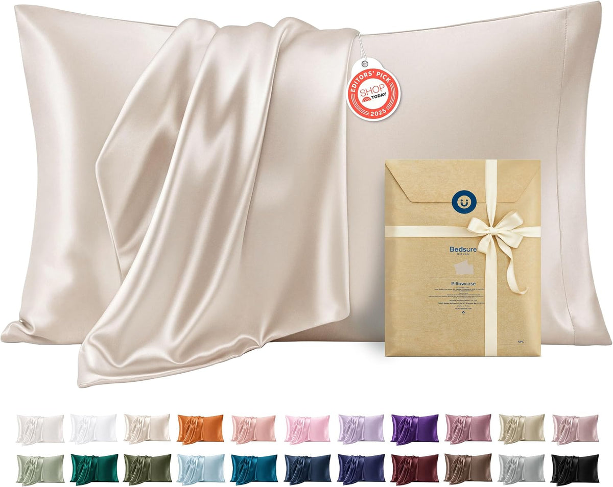 Bedsure Satin Pillowcase Standard Set of 2, Silky Pillow Cases, Beige