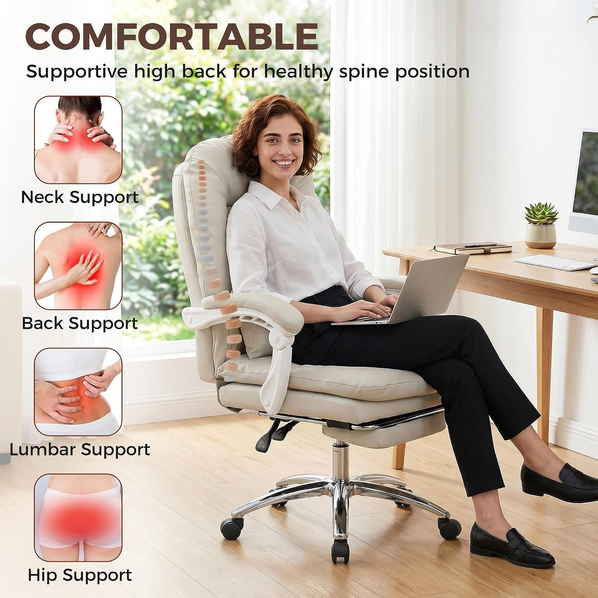 HOMCOM Ergonomic Executive Office Chair Recliner, Lumbar Support Khaki
