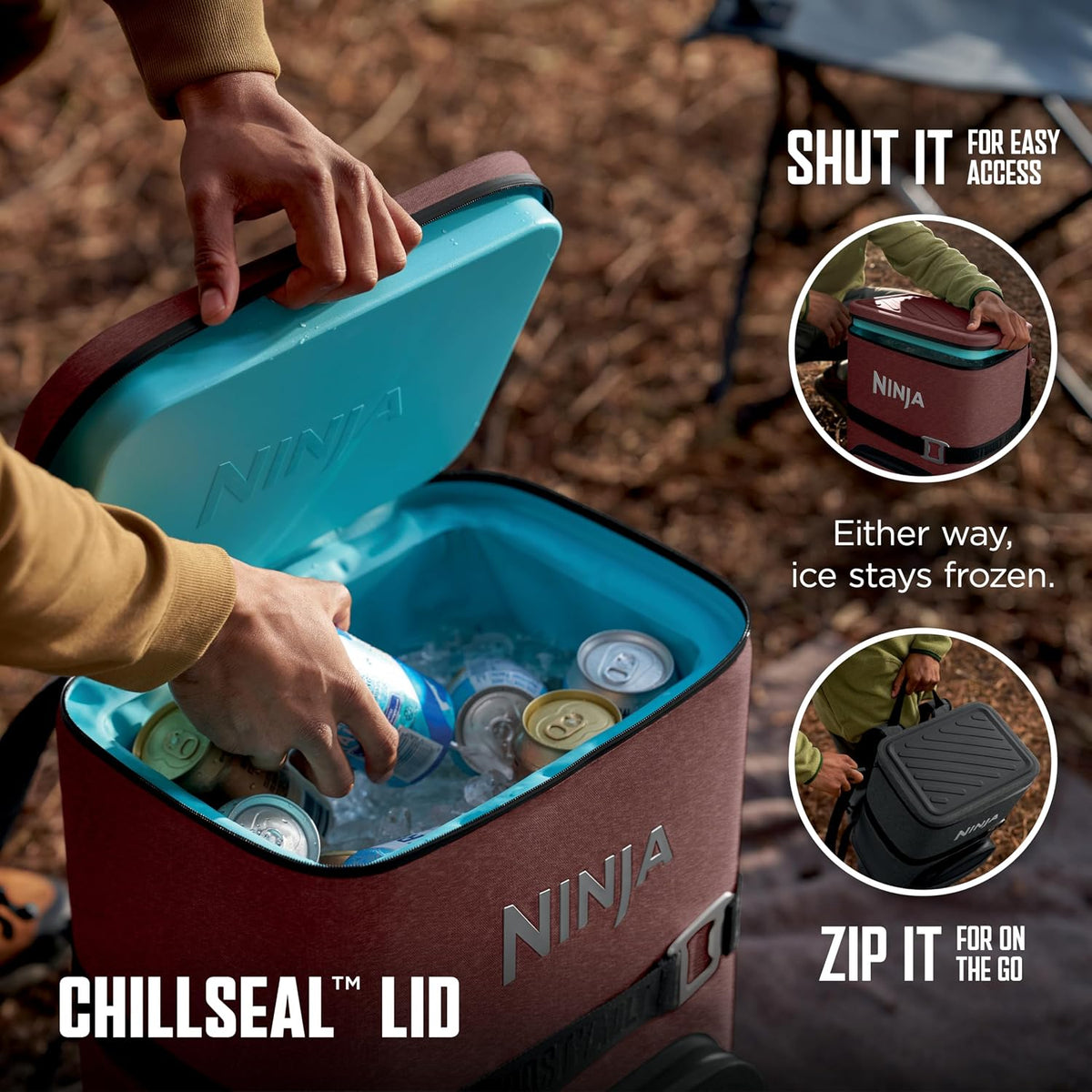 Ninja FrostVault™ Go Soft Backpack Cooler, Dry Storage, Canyon Red | Ninja FrostVault Go soft cooler, stays cool for hours with a leakproof, easy-access lid, and carries like a backpack