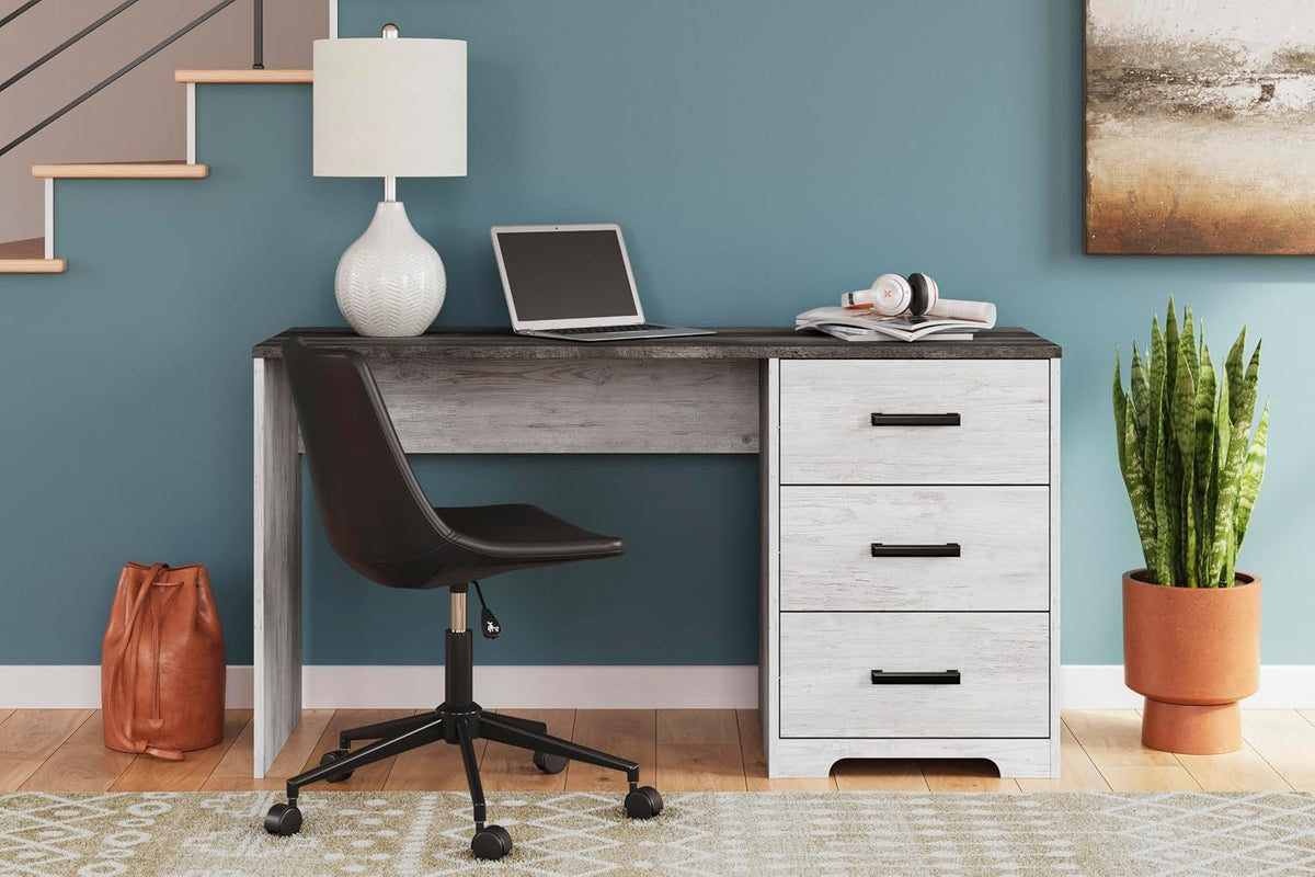 Signature Design by Ashley Farmhouse Desk with Drawers, 54", White & Gray | Engineered wood, 3 smooth-gliding drawers, Fully finished back, 19 in depth, Modern farmhouse style, Shawburn Series