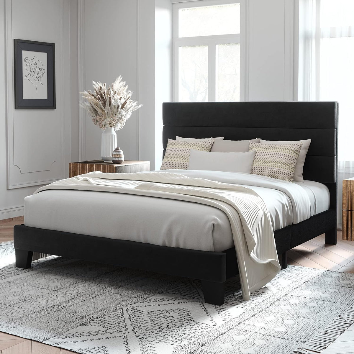 Allewie Queen Size Platform Bed Frame with Velvet Upholstered Headboard