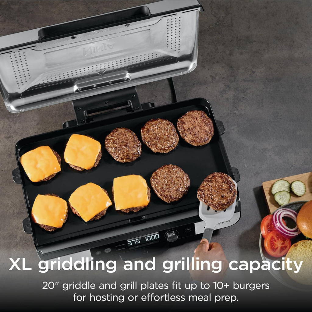 Ninja® Sizzle™ Pro XL 20'' Indoor Griddle & Grill, Silver, GX101 | 40% larger cooking surface, ProTemp IQ edge-to-edge heat, ceramic nonstick plates, detachable ventilated lid, grease control.
