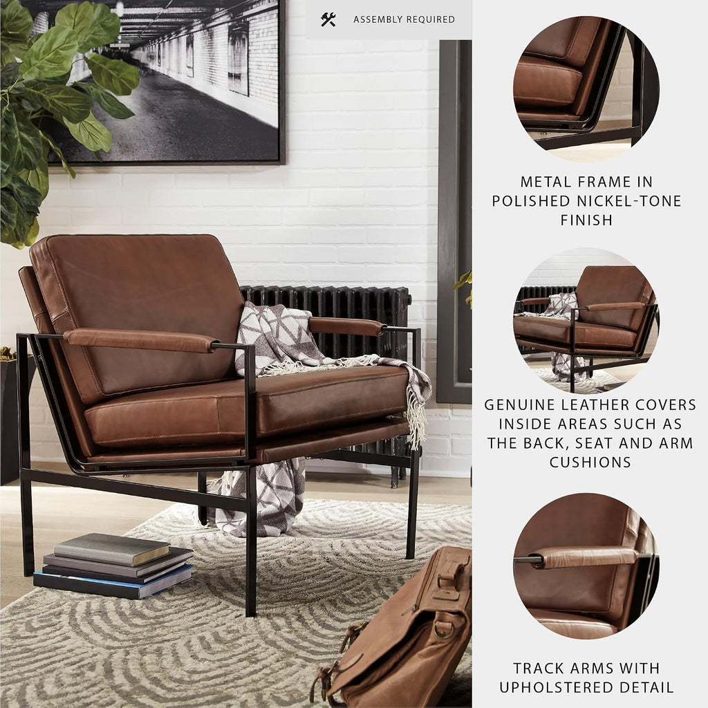 Signature Design by Ashley Puckman Accent Chair, Brown Leather Armchair | Leather and faux leather blend, Bronze-tone metal frame, 26-in wide seat, Upholstered track arms, Living room use