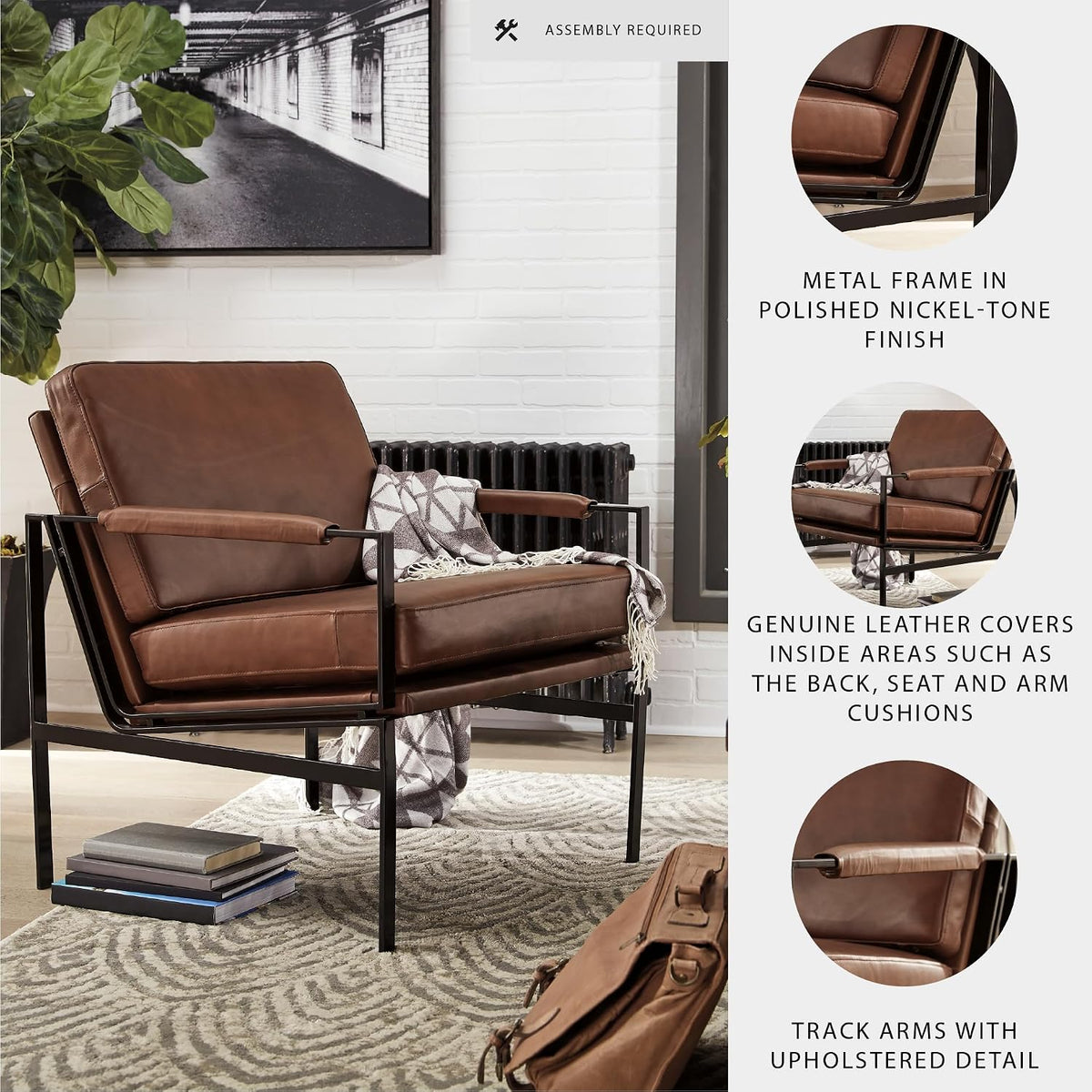 Signature Design by Ashley Puckman Accent Chair, Brown Leather Armchair | Leather and faux leather blend, Bronze-tone metal frame, 26-in wide seat, Upholstered track arms, Living room use