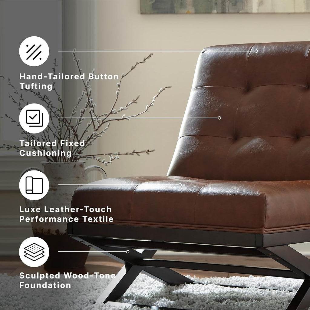 Signature Design by Ashley Scissor Base Slipper Accent Chair, Brown | Brown faux leather, Mid-century modern Barcelona style, 18-inch seat height, Ideal for small spaces, Sidewinder Series