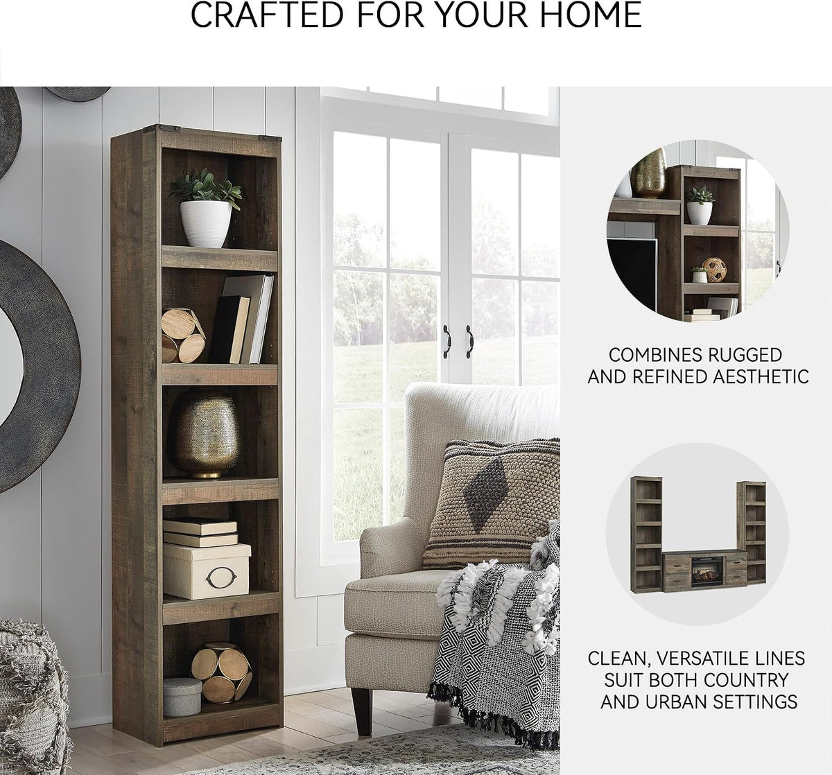 Signature Design by Ashley Trinell Media Pier, 72-Inch Rustic Bookcase | Durable engineered wood, Rustic replicated oak grain, 4 spacious shelves (3 adjustable), Versatile narrow bookshelf