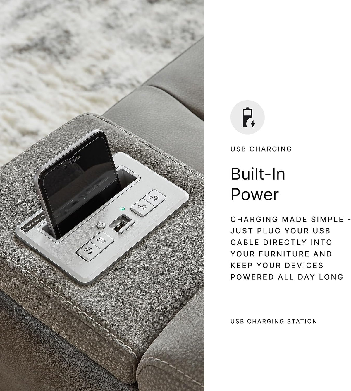 Signature Design by Ashley Power Reclining Loveseat with Console, Gray | Water-resistant faux leather, Zero-gravity recline, Easy View adjustable headrest, Wireless charging, Next-Gen Durapella