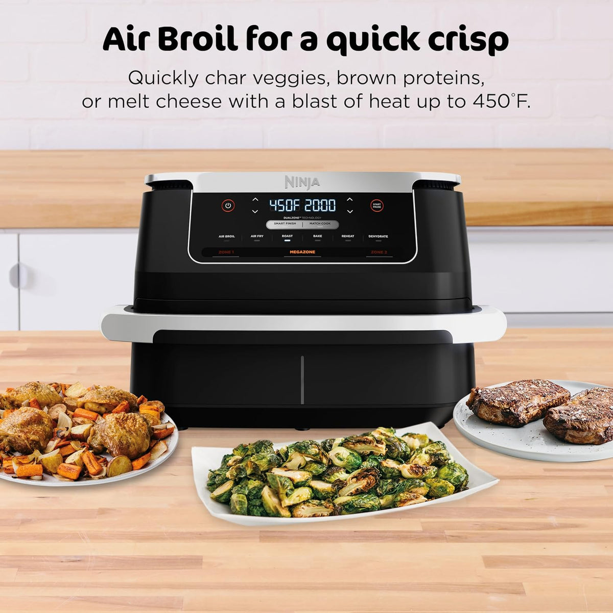 Ninja Foodi Air Fryer, 7 Qt MegaZone, 6-in-1, Black, DZ071 | Air fry, roast, broil, bake, reheat, dehydrate, 450F max, 2x3.5 Qt baskets, Smart Finish