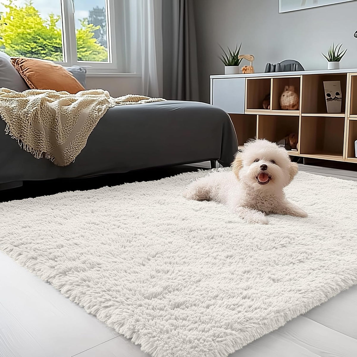 OLANLY Beige Round Rugs for Bedroom - Machine Washable, 4 ft Circle Area Rugs for Living Room, Soft and Fluffy Shaggy Carpet for Teen Girls and Boys, Nursery Rooms, Dorms, Home Decor Aesthetic