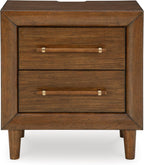 Signature Design by Ashley Lyncott Wood Nightstand with Charging Station | Mid-century mango wood veneer, 2 dovetail drawers, Built-in USB-A and USB-C charging, Round tapered legs