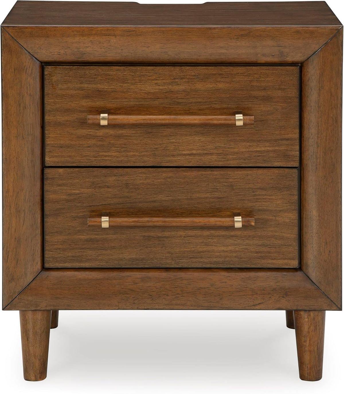 Signature Design by Ashley Lyncott Wood Nightstand with Charging Station | Mid-century mango wood veneer, 2 dovetail drawers, Built-in USB-A and USB-C charging, Round tapered legs