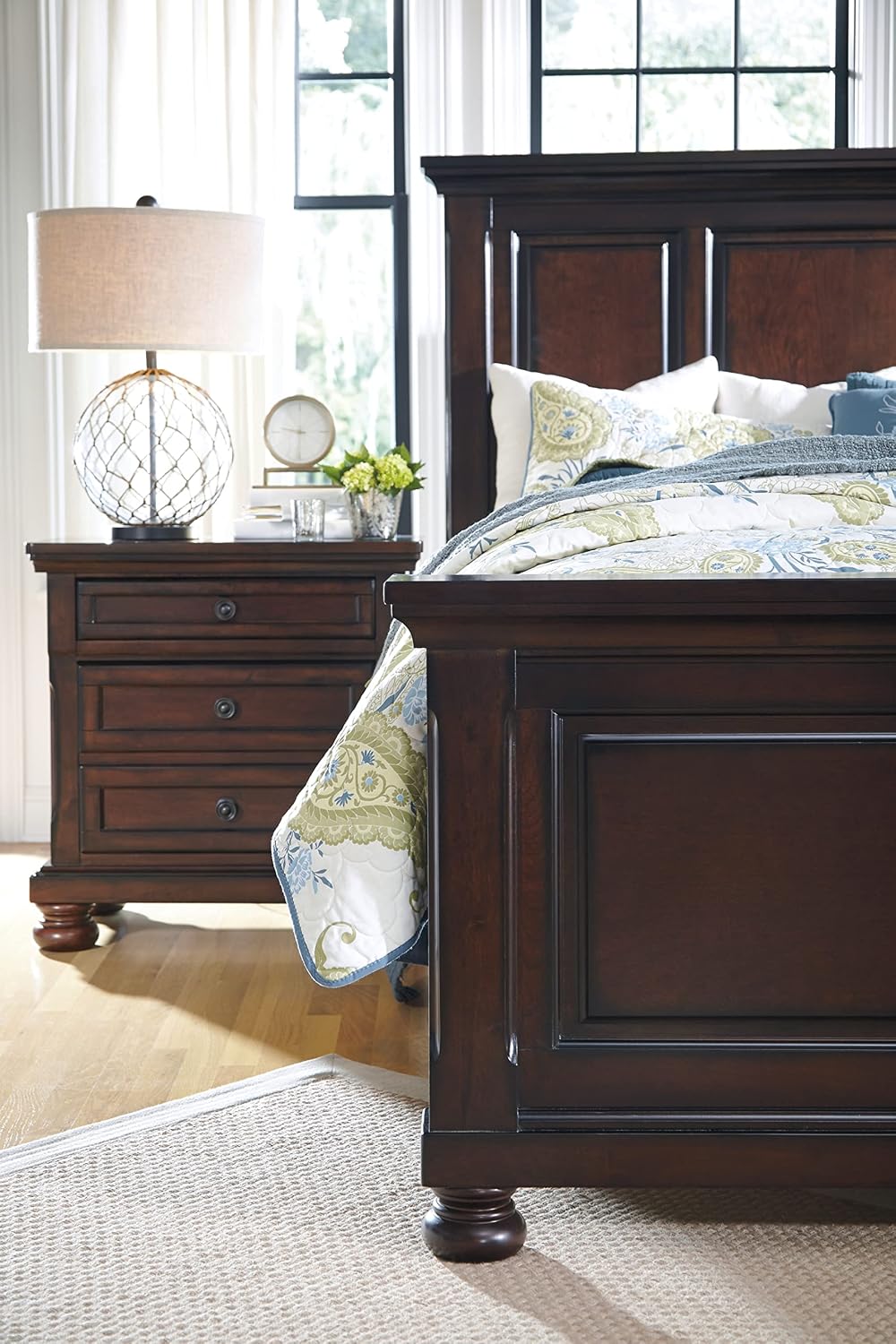 Signature Design by Ashley Porter Traditional Wood Nightstand, Brown | Veneers, wood and engineered wood, 2 smooth-operating drawers, Hidden pull-out tray, Felt bottom, Bun feet