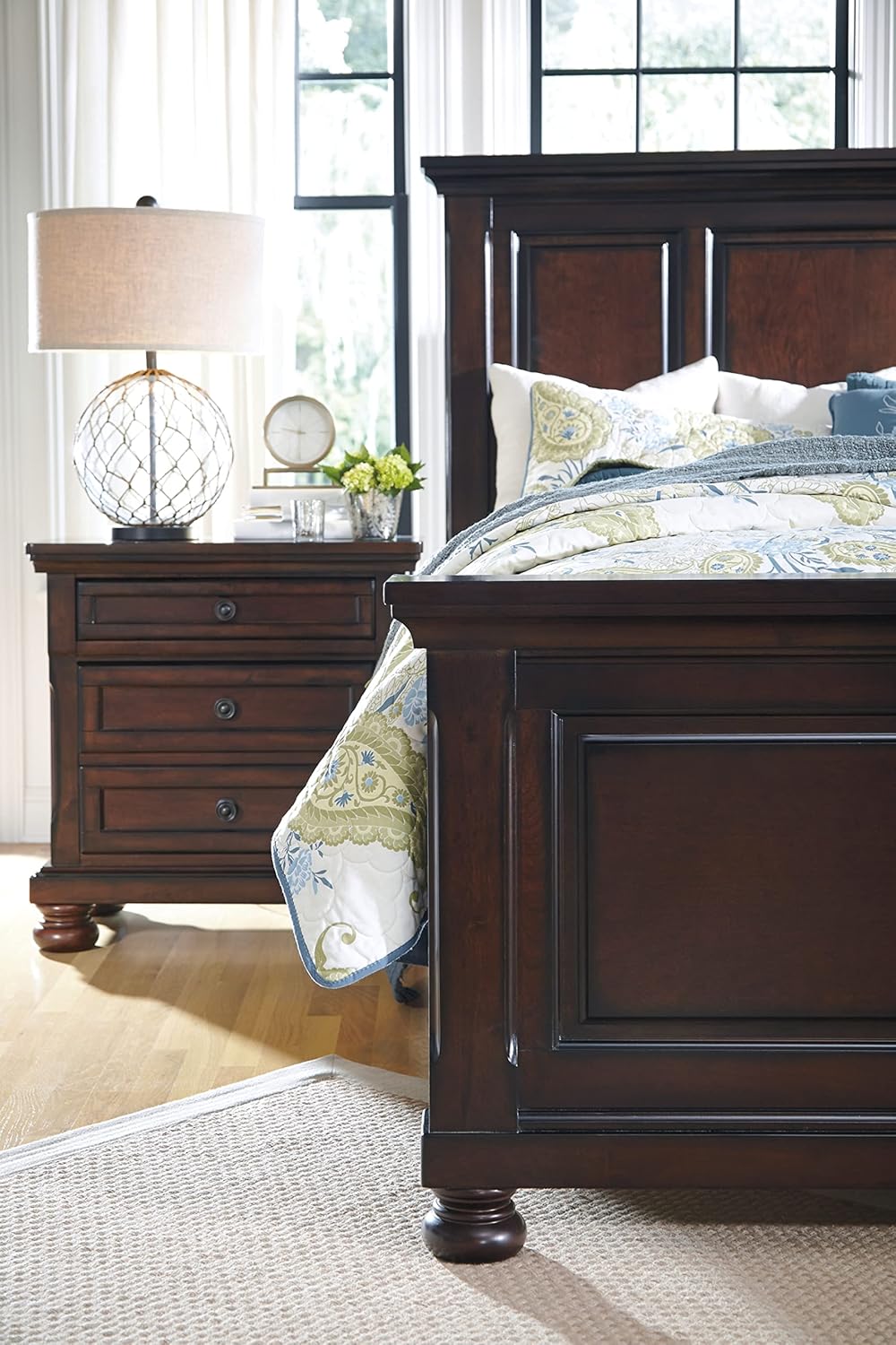 Signature Design by Ashley Porter Traditional Wood Nightstand, Brown | Veneers, wood and engineered wood, 2 smooth-operating drawers, Hidden pull-out tray, Felt bottom, Bun feet