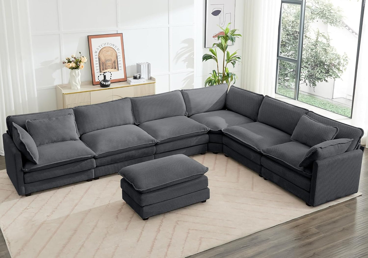 ROWHY 112'' Sectional Modular Cloud Couch, Oversized 5 Seat Couches U Shaped Sofa with 2 Movable Ottomans, 2 Throw Pillows, Upholstered Corduroy U Shape Comfy Deep Couches for Living Room, Beige