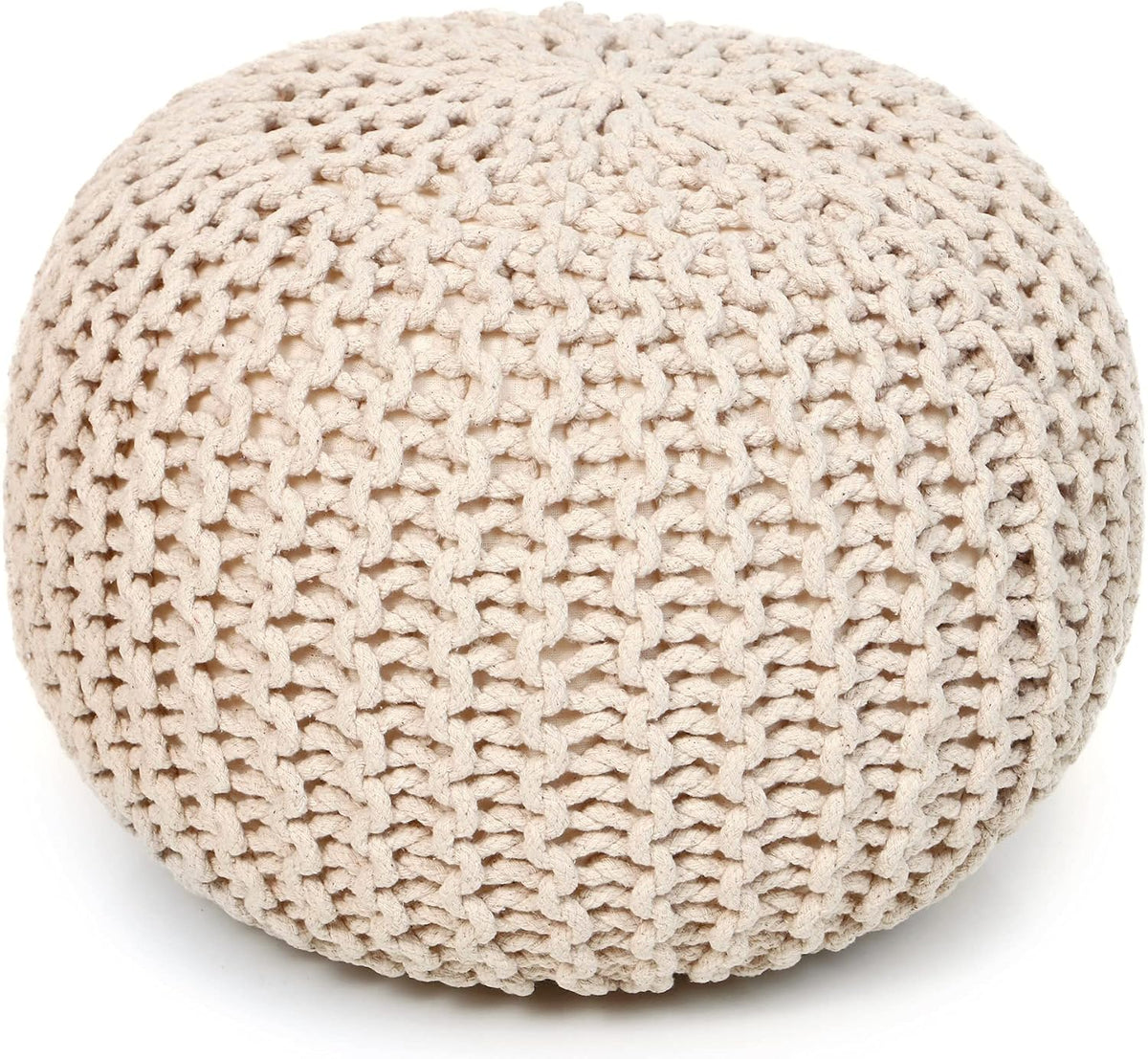 · REDEARTH · Round Pouf Ottoman - Hand Knitted Boho Poof Footrest - Ivory