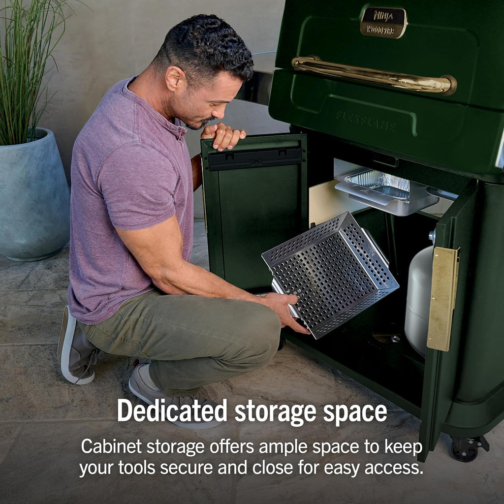 Ninja FlexFlame Grill & Smoker, Electric & Propane, 5-in-1, Green, PG301GN | Ninja FlexFlame is a 5-in-1 grill, smoker & griddle with precise 200-600°F control, fitting 3 chickens or 4 rib racks
