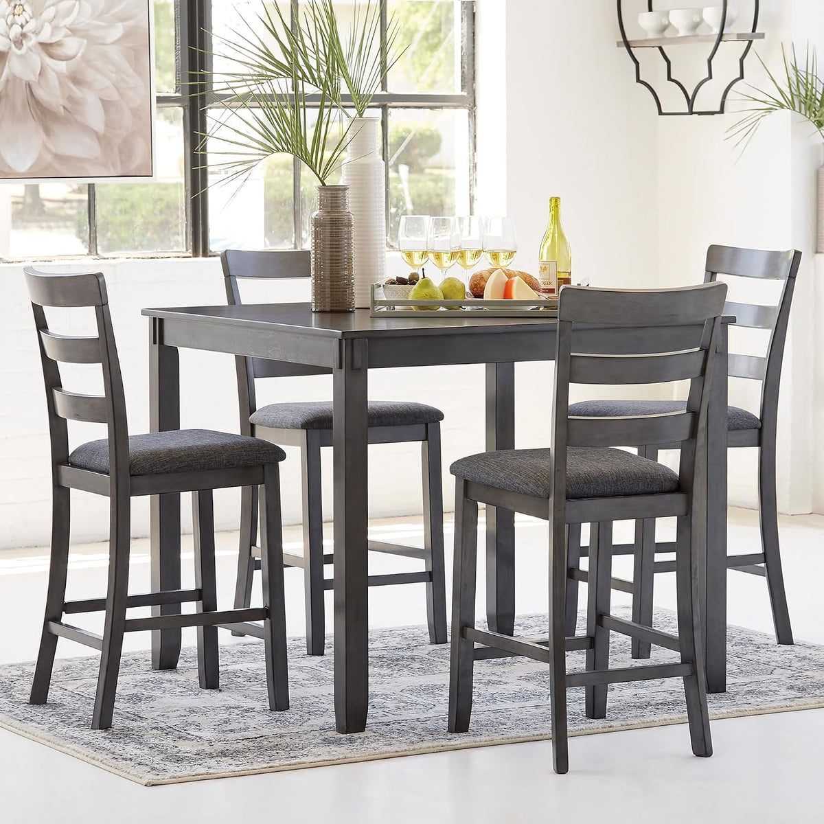Signature Design by Ashley 5-Piece Square Counter Height Dining Set, Gray | Textured gray polyester fabric with wood, veneer and engineered wood, Small kitchen table for 4, Bridson Series