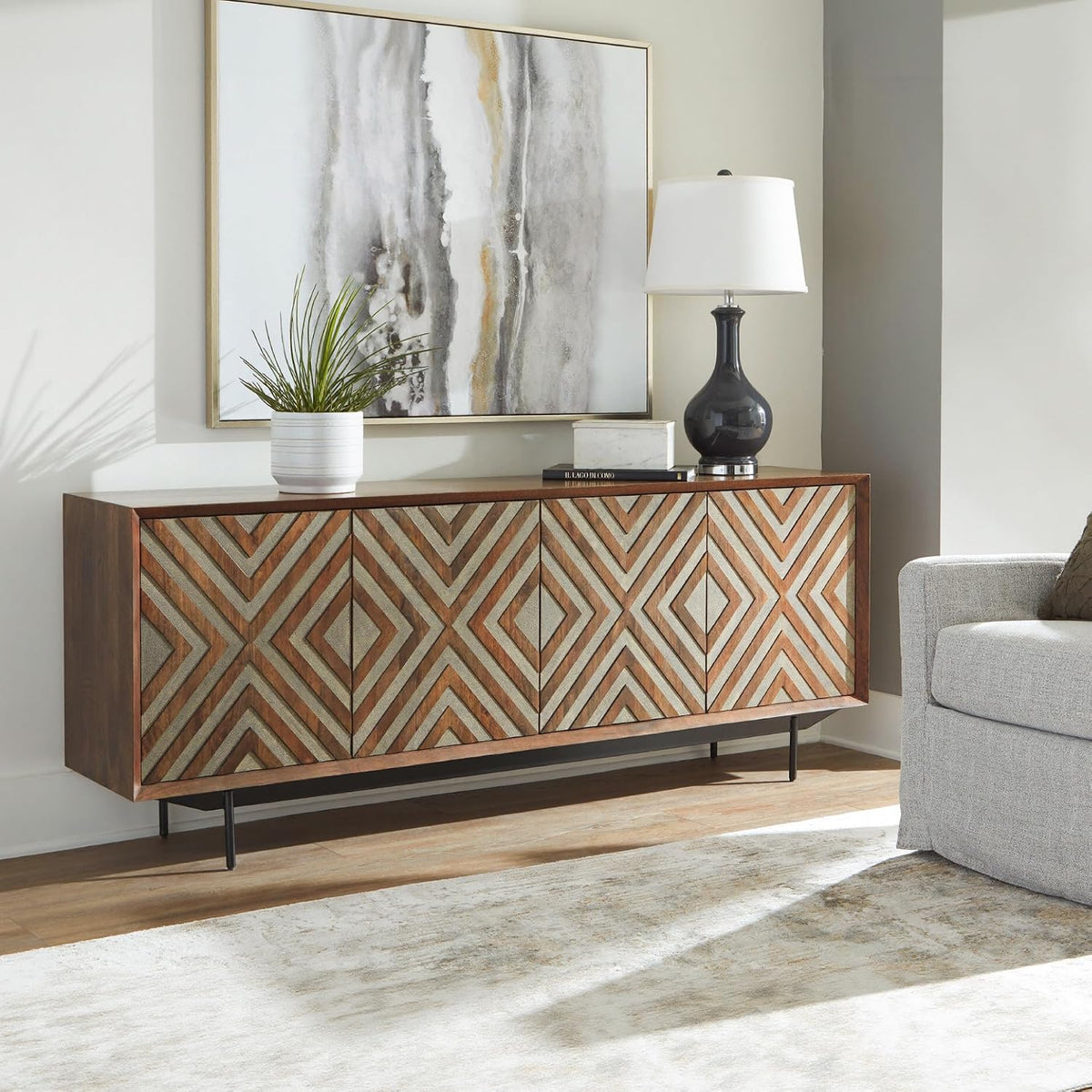 Signature Design by Ashley Dreggan Casual Diamond Patterned 4-Door Accent Cabinet with 2 Shelves and Cord Management, Dark Brown & Gray
