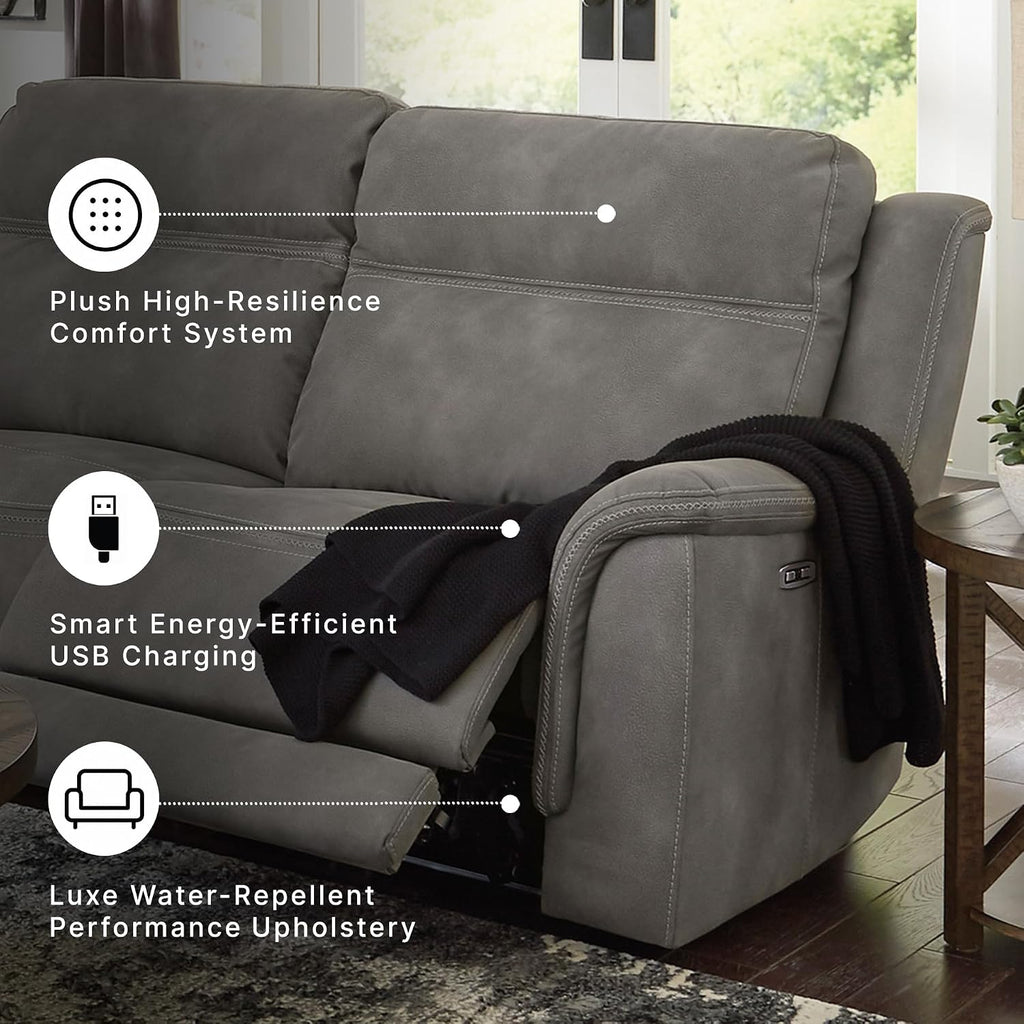 Signature Design by Ashley Power Recliner Sofa, Faux Leather Couch, Slate | Zero-draw USB charging, 6.5-in wall gap, Microfiber, Next-Gen easy to clean water resistant performance fabric