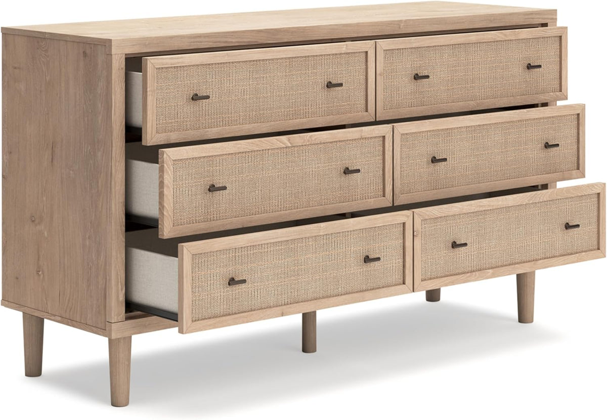 Signature Design by Ashley 6 Drawer Bedroom Dresser, Light Oak, Cielden | Textured beige faux cane fronts, Bronze knobs, Quick assembly, Contemporary coastal bedroom decor