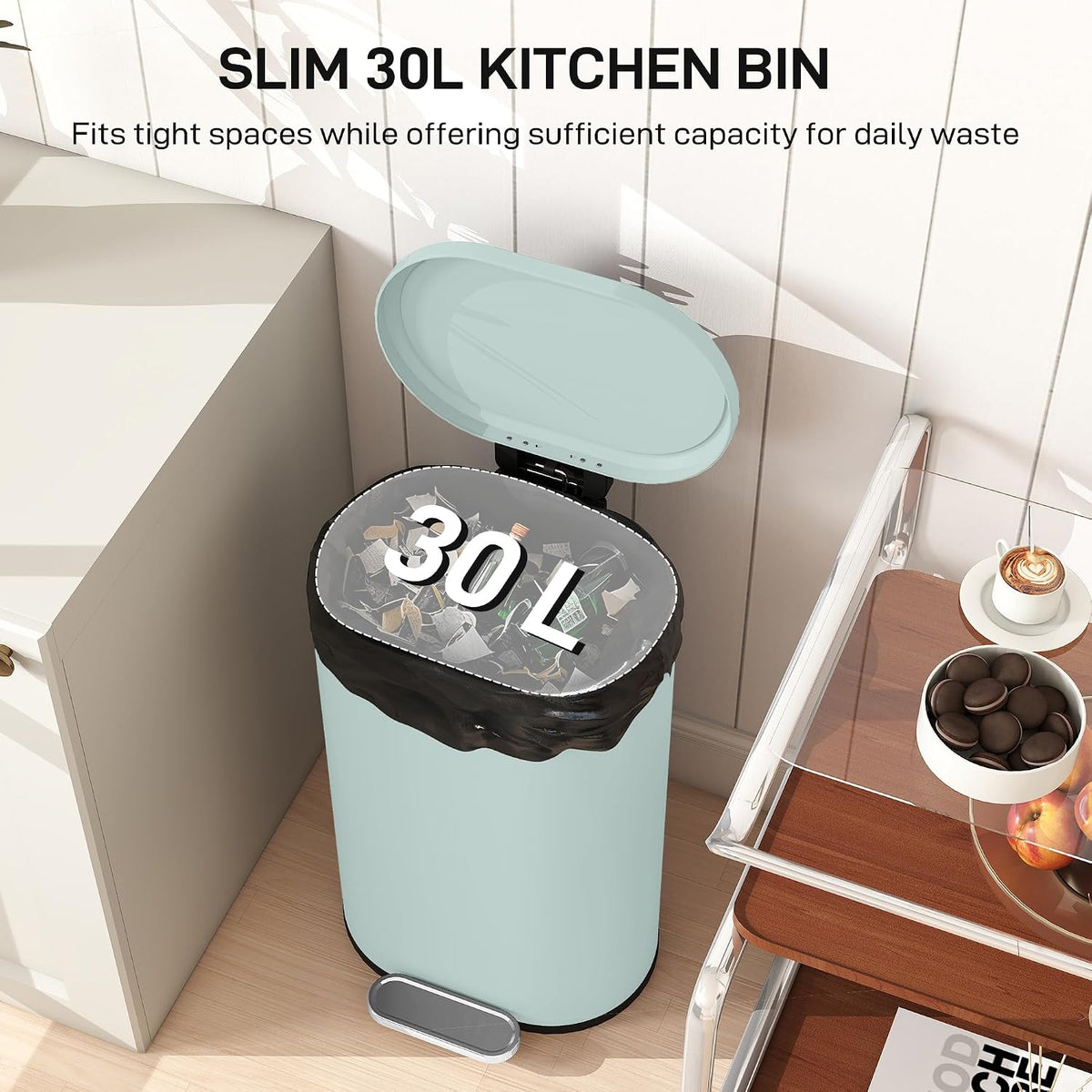 HOMCOM 30L Kitchen Bin 90° Stay-Open Lid Slim Rectangular Pedal Bin Green