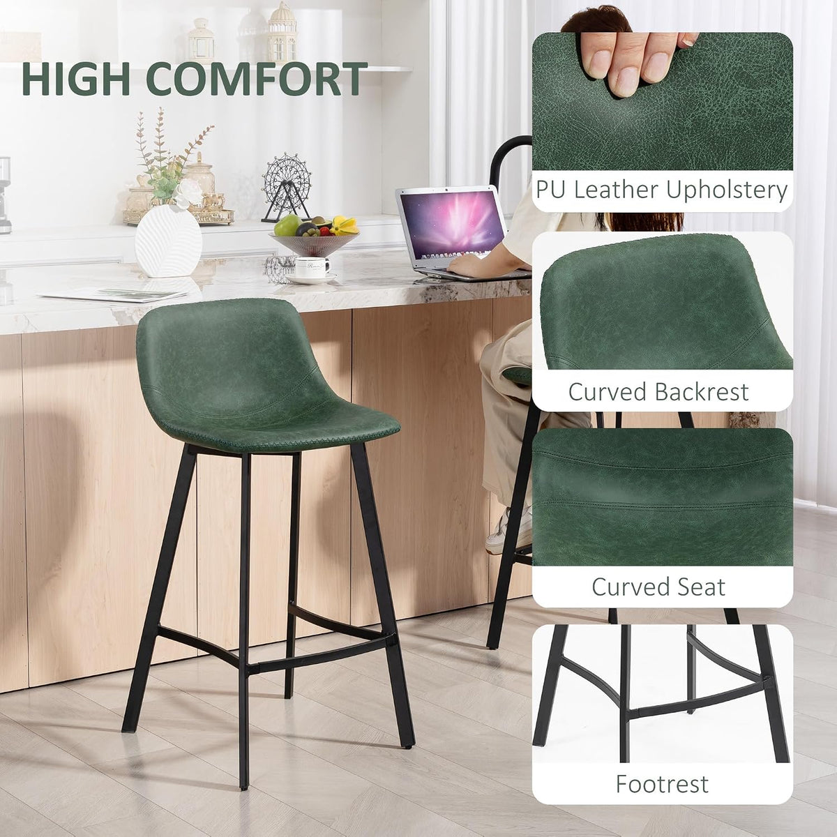 HOMCOM Bar Stools Set of 2 PU Leather Upholstery with Backrest Green