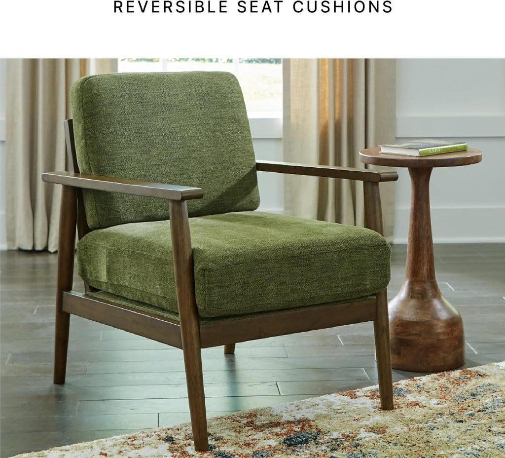Signature Design by Ashley Bixler Showood Accent Chair, Olive Green | Plush chenille blend upholstery, Reversible cushion, Exposed engineered wood frame, Cozy reading nook, Wood accent chair