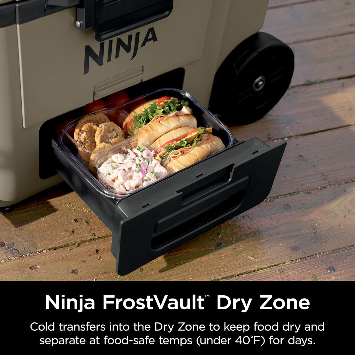 Ninja FrostVault™ 65qt Cooler with Wheels, Dry Storage Drawer, Birch Beige | Ninja FrostVault's 65-qt capacity holds 97 cans, keeps food cool & dry, and rolls easily on all-terrain wheels