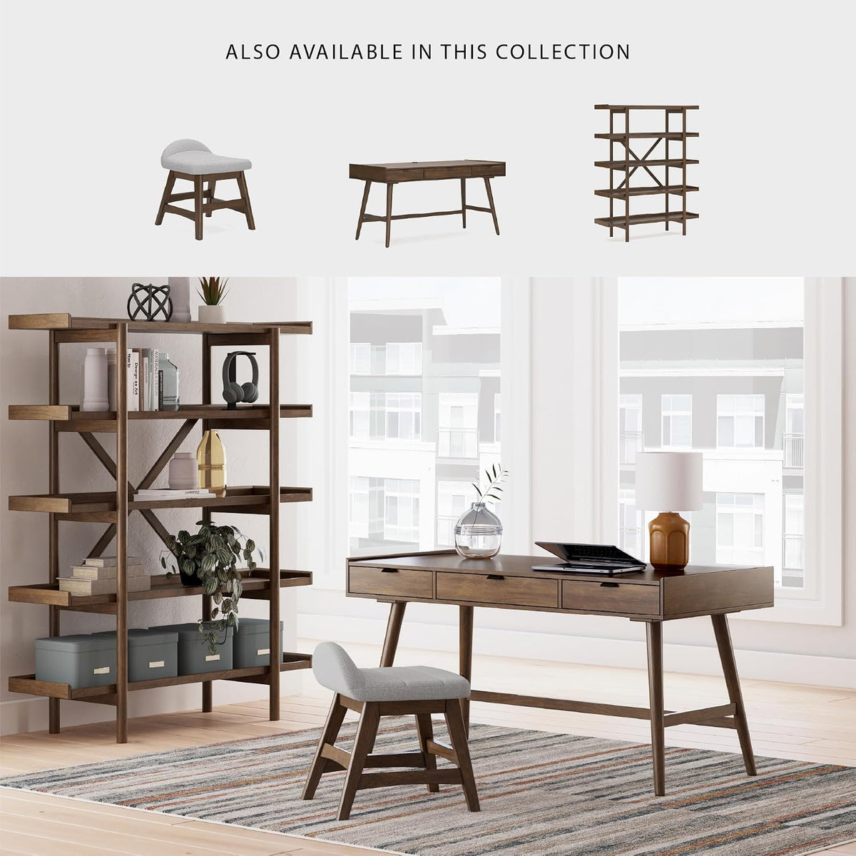Signature Design by Ashley Lyncott Home Office Desk 60" Midcentury Modern | Mid-century modern office desk, Mango wood veneer, Solid rubberwood legs, 3 dovetail drawers, Integrated cord management