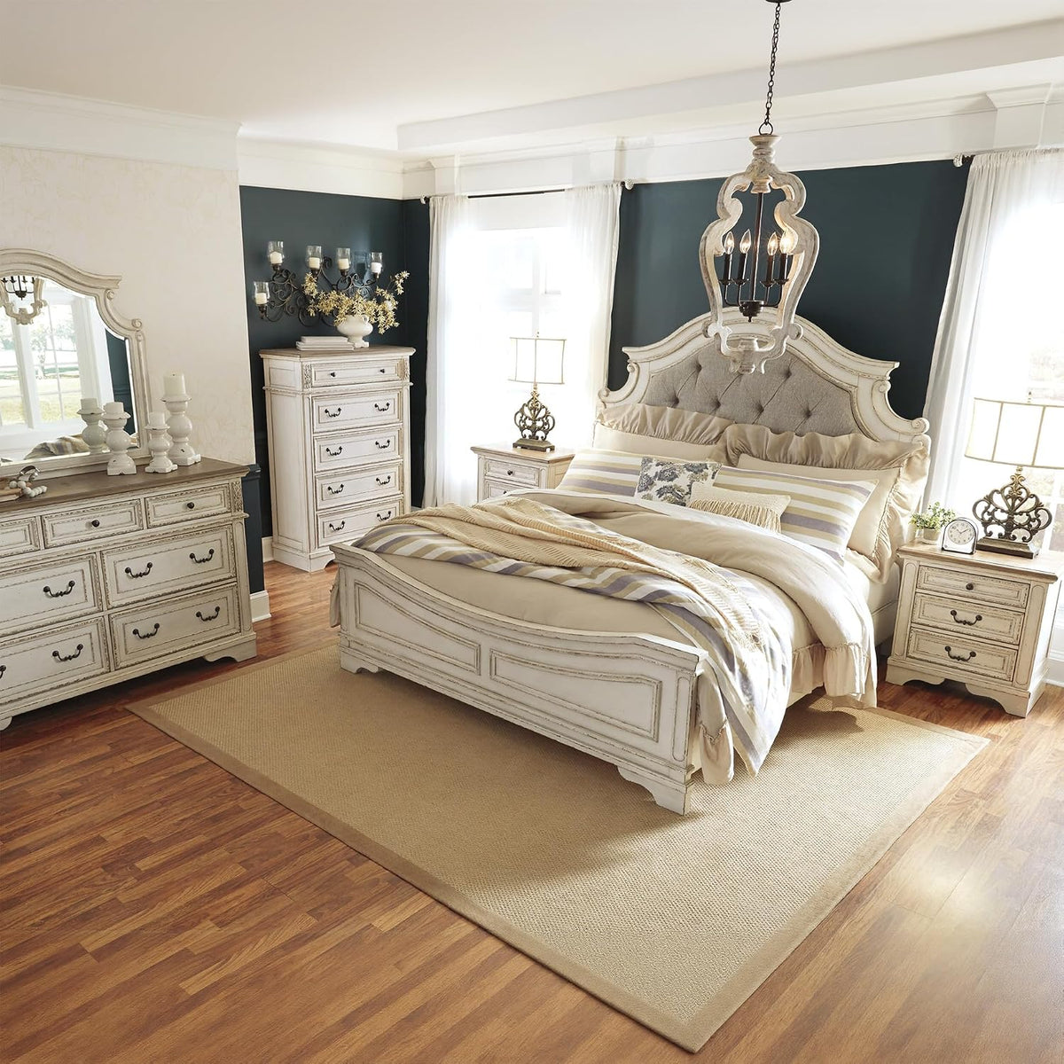 Signature Design by Ashley Realyn Queen Upholstered Bed Frame | 71-inch tall tufted headboard, Traditional panel bed of veneers, wood and engineered wood, French country style
