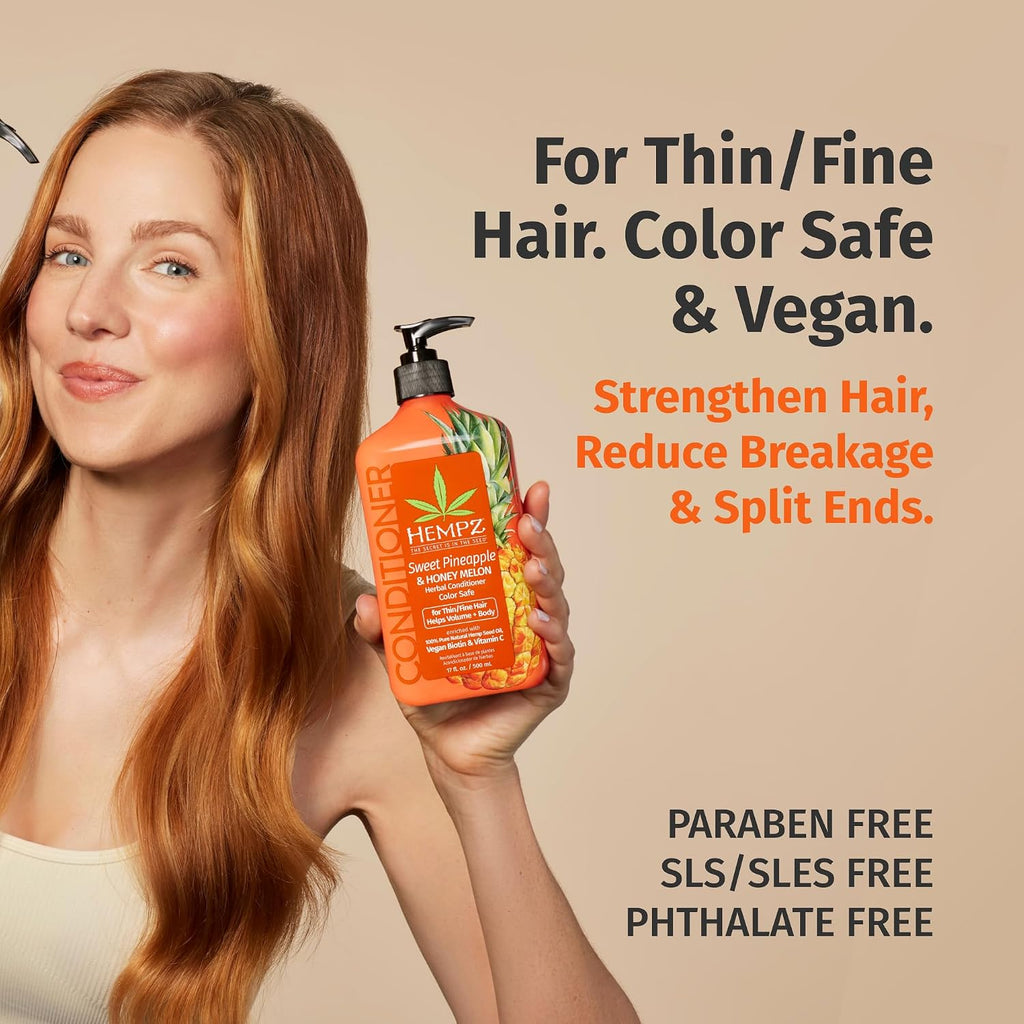 Hempz Biotin Conditioner - Sweet Pineapple & Honey Melon - For Thin/Fine Hair Growth & Strengthening of Dry, Damaged and Color Treated Hair, Hydrating, Softening, Moisturizing - 17 FL OZ