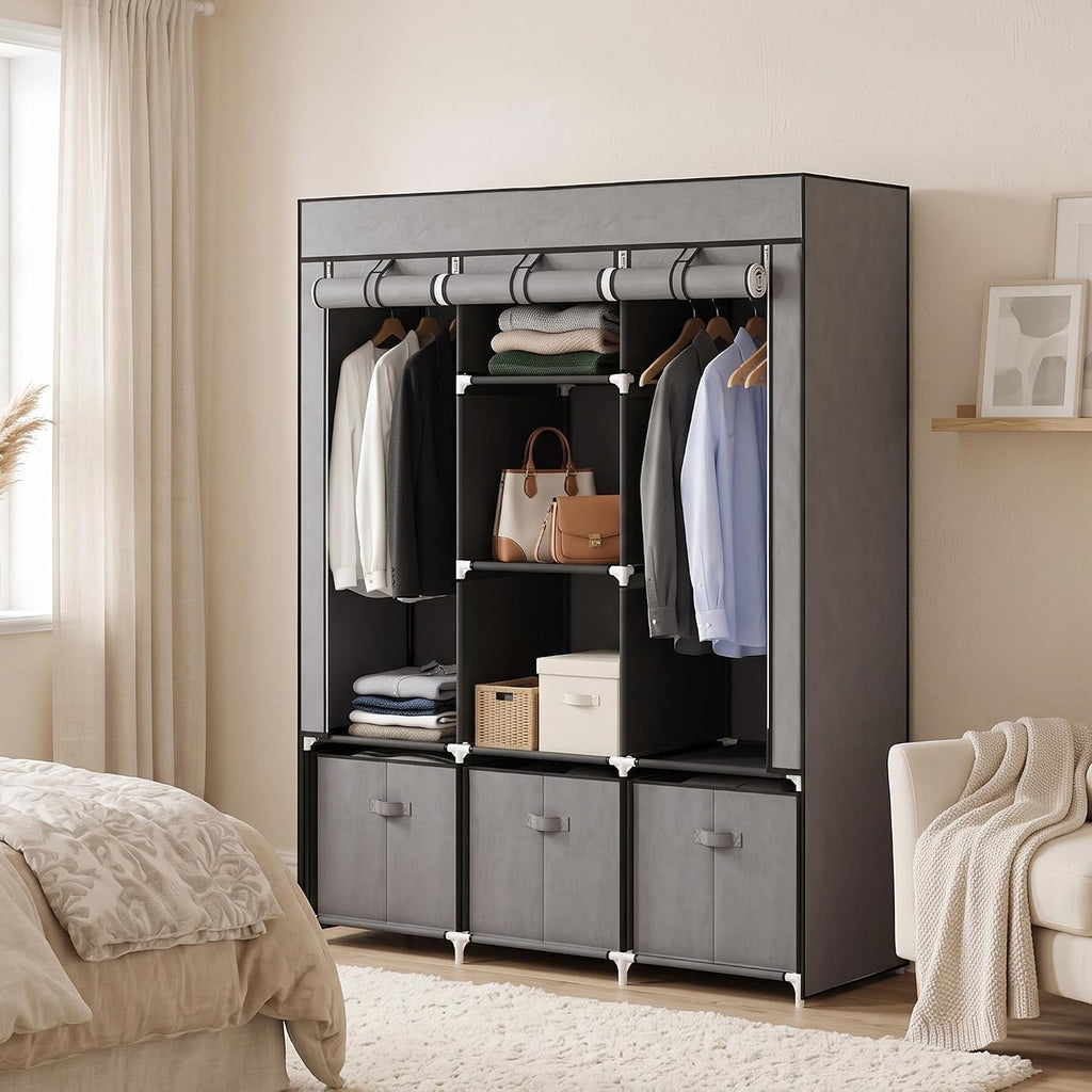 HOMCOM Fabric Wardrobe for Bedroom 5 Shelves 3 Fabric Drawers Dark Grey