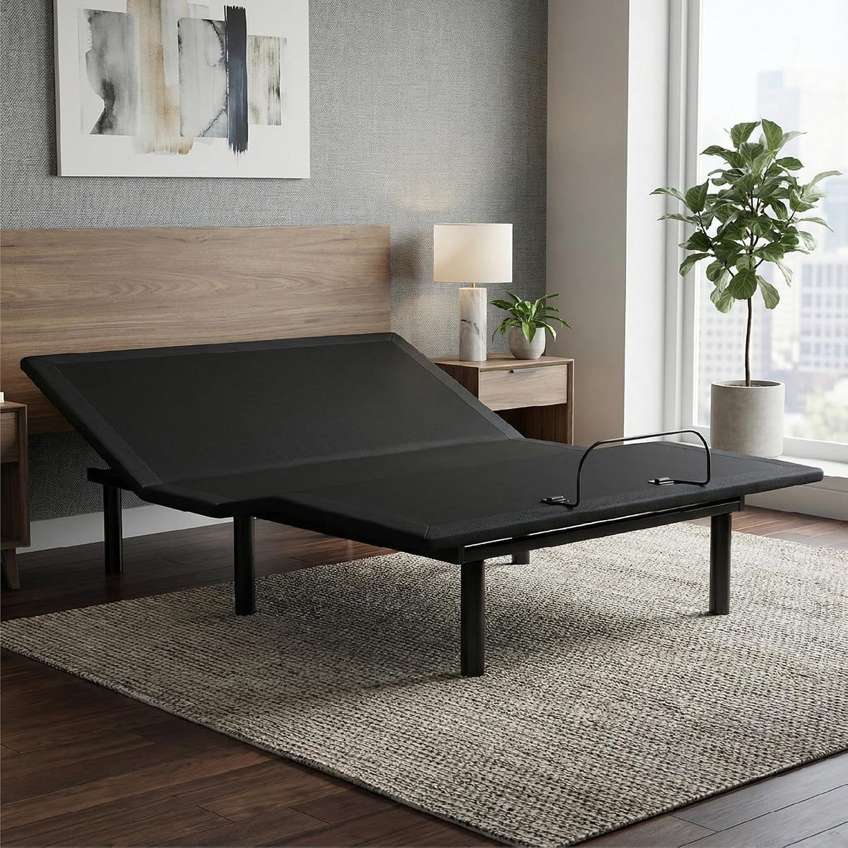 Signature Design by Ashley Adjustable Base Queen Bed Frame, Head Up Only | 100% polyester upholstery, Sturdy metal frame, Memory foam and hybrid compatible, Wired remote, No box spring needed
