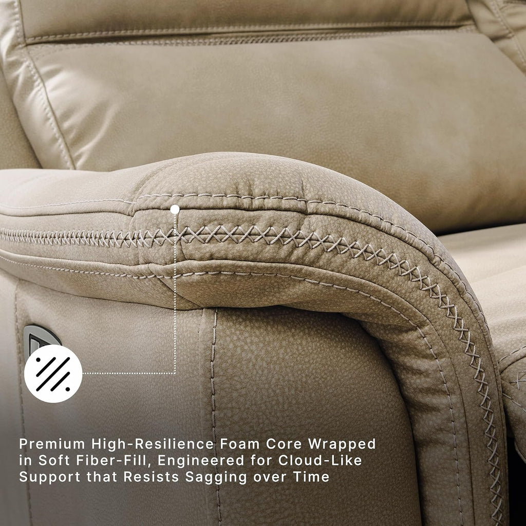 Signature Design by Ashley Power Reclining Sofa, Living Room Couch, Sand | Sand spill-resistant easy-to-clean water-resistant performance fabric, Power headrest, Zero-draw USB, Next-Gen Durapella