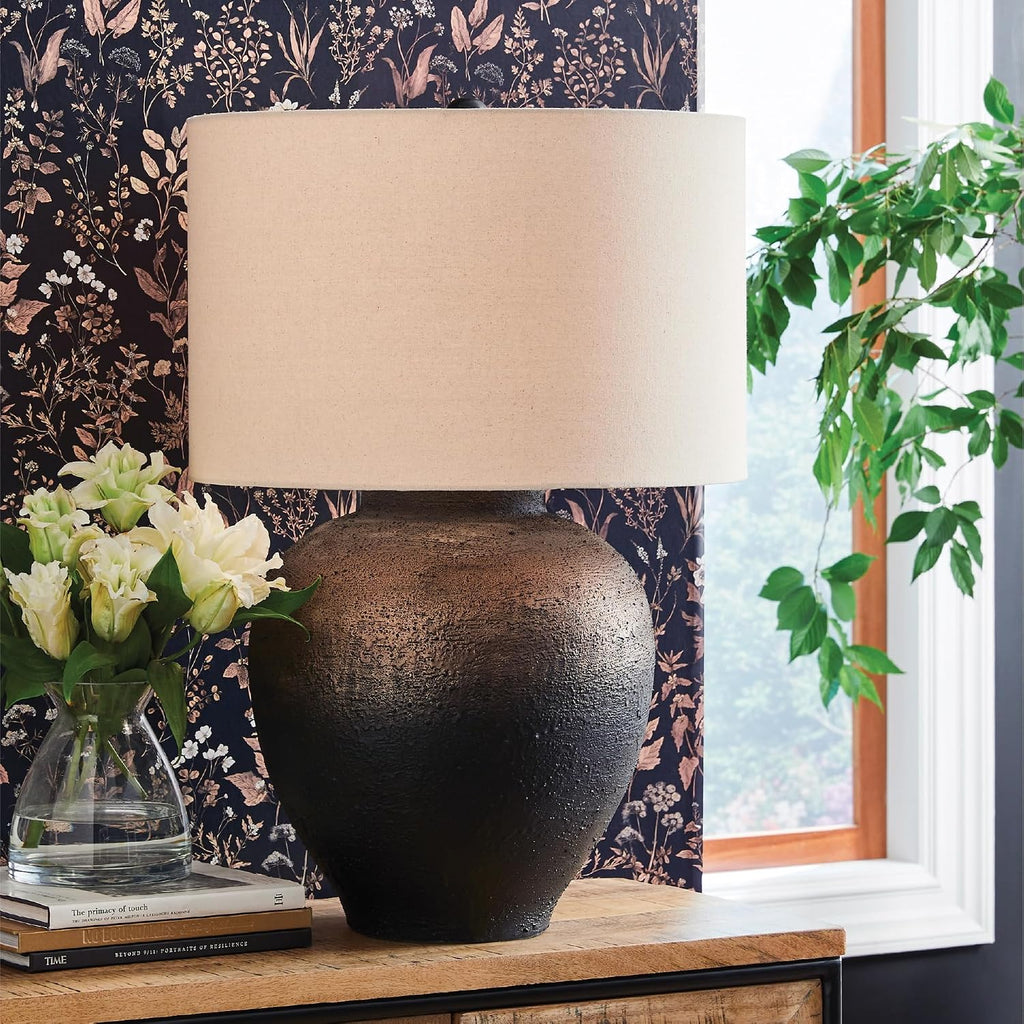 Signature Design by Ashley Newgerhard 1-Piece Table Lamp, 30.5 in, Metal | Textured rustic metal base, Cotton drum shade, Adjustable 3-way brightness, Large industrial style