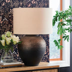 Signature Design by Ashley Newgerhard 1-Piece Table Lamp, 30.5 in, Metal | Textured rustic metal base, Cotton drum shade, Adjustable 3-way brightness, Large industrial style