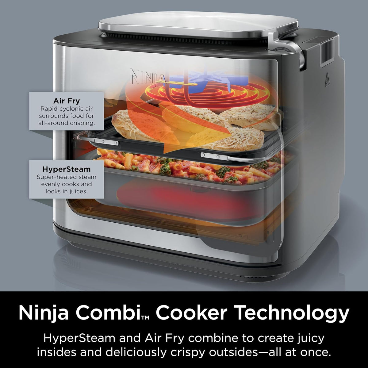 Ninja® Combi™ All-in-One Multicooker & Air Fryer, Stainless Steel, SFP701 | Cooks complete family meals in 15 mins, HyperSteam + Air Fry, 14-in-1, Bake, Roast, Slow Cook & more, 3 accessories included.
