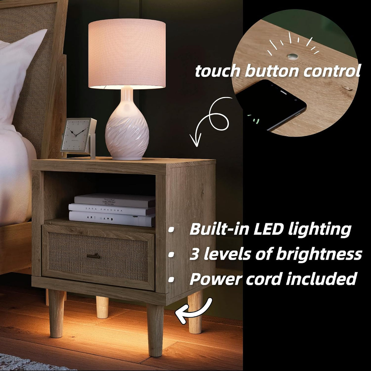 Signature Design by Ashley Cielden Light Brown 1-Drawer USB Nightstand | Two-tone replicated oak and faux cane print, Built-in wireless charging and LED base, Contemporary style for bedrooms