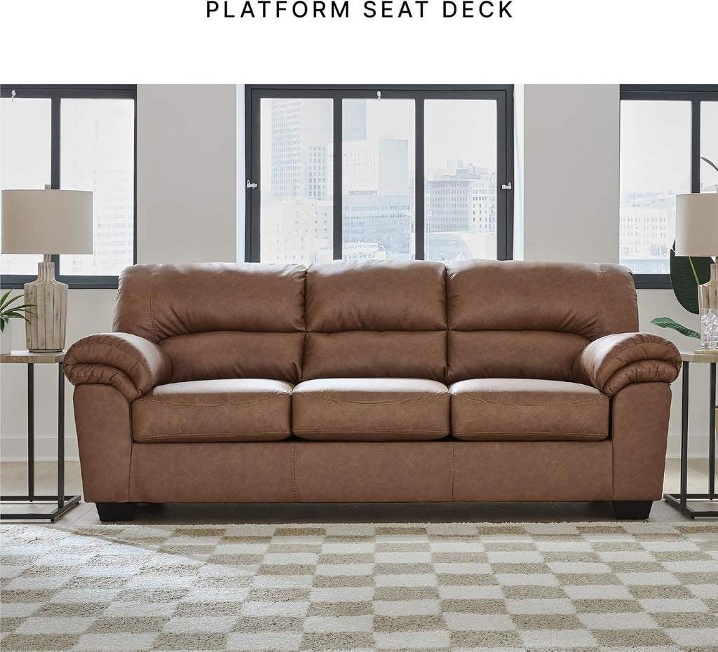 Signature Design by Ashley Caramel Faux Leather Sofa, No Assembly Required | Anti-sag platform deck, Caramel 98% polyester and 2% PU blend, Contemporary 3-seater design, Walker Point Series