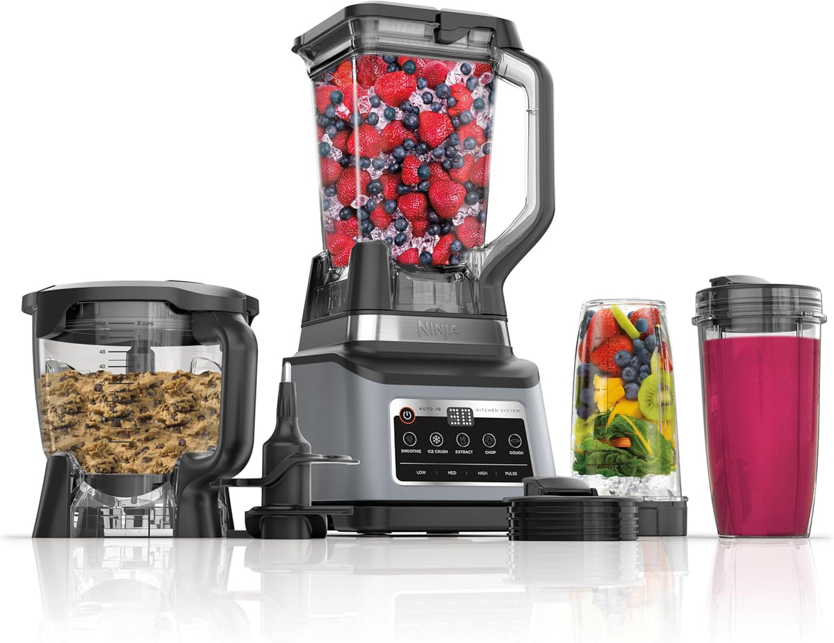 Ninja Professional Plus Kitchen System, 1400WP, Auto-iQ, Grey, BN801 | 5 functions for smoothies, chopping & dough with Auto-iQ. 72-oz blender pitcher, 64-oz processor, (2) 24-oz cups.