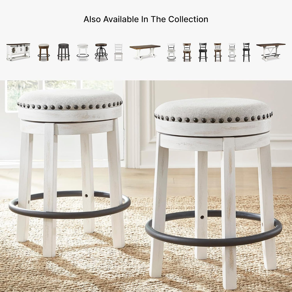 Signature Design by Ashley Valebeck 24 Inch Counter Height Stool | Backless swivel design, Rustic vintage white frame, Cozy beige woven fabric, Metal footrest