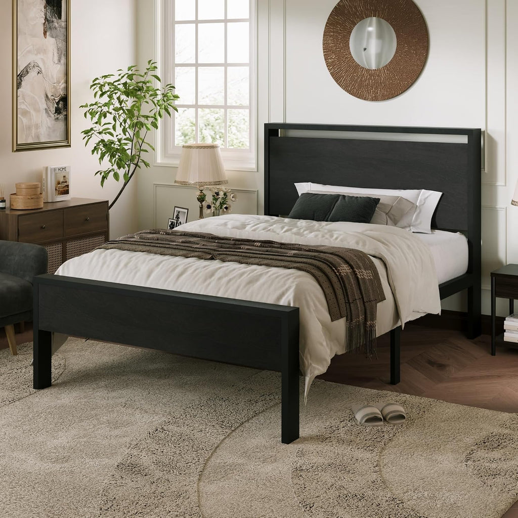 Allewie Twin Size Bed Frame, Heavy Duty 12 Metal Slats Support, Black Oak