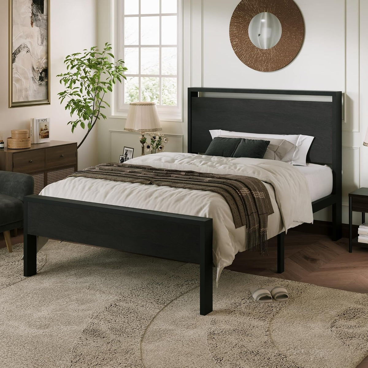 Allewie Twin Size Bed Frame, Heavy Duty 12 Metal Slats Support, Black Oak