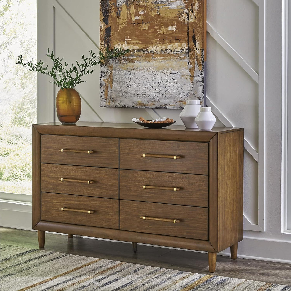 Signature Design by Ashley Mid Century Modern 6 Drawer Dresser for Bedroom | 6-drawer double dresser, Hardwood solids mango wood veneer and MDF substrates, Bedroom storage, Lyncott Series